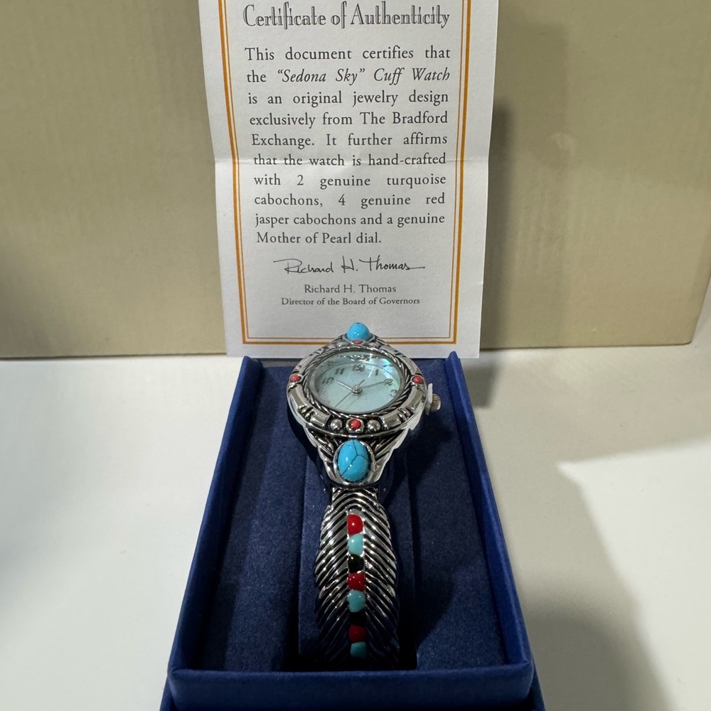 The Bradford Exchange Silver Cuff Watch with Turquoise & Red Accents, new in box